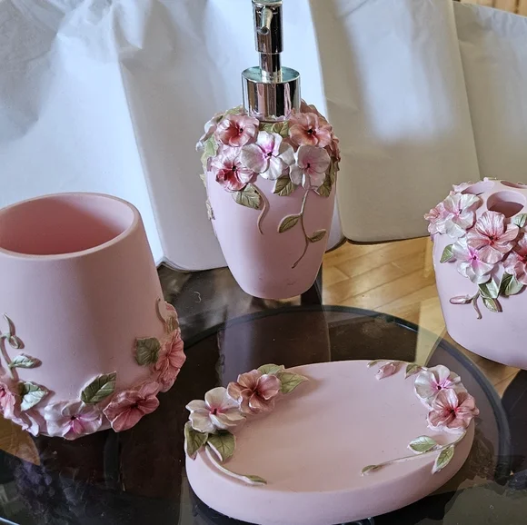 4 piece bathroom accessories. Soap dish, toothbrush holder, cup,and lotion disp - Picture 1 of 2